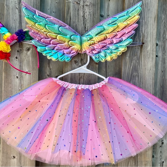 NWOT LED Rainbow Sparkle 4 full layer tutu LED light unicorn hairband wings set - Picture 3 of 11